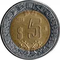 reverse of 5 Pesos (1997 - 2014) coin with KM# 605 from Mexico. Inscription: $5 2005 M