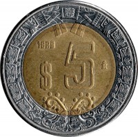 Mexico coin 5 Pesos (1997 - 2014) reverse reverse of 5 Pesos (1997 - 2014) coin with KM# 605 from Mexico. Inscription: $5 2005 M