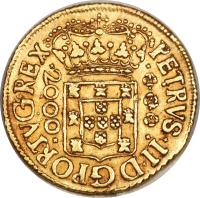 obverse of 2000 Réis - Pedro II (1699 - 1700) coin with KM# 97 from Brazil. Inscription: PETRVS.II.D.G.PORTVG.REX 2000