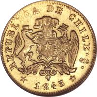 obverse of 1 Escudo (1839 - 1851) coin with KM# 101 from Chile. Inscription: REPUBLICA DE CHILE 1843