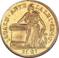 reverse of 1 Escudo (1839 - 1851) coin with KM# 101 from Chile. Inscription: IGUALD. ANTE LA LEI. 1 E I.J. 21 Qs.