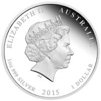 obverse of 1 Dollar - Elizabeth II - Year of the Goat - 4'th Portrait (2015) coin from Australia. Inscription: ELIZABETH II AUSTRALIA IRB 1oz 999 SILVER 2015 1 DOLLAR