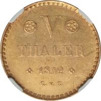 German States coin 5 Taler - Wilhelm (1832 - 1834) reverse reverse of 5 Taler - Wilhelm (1832 - 1834) coin with KM# 1126 from German States. Inscription: *V* THALER * 1832 * C.v.C.