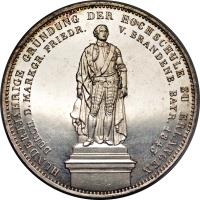 reverse of 2 Thaler - Ludwig I - 100th Anniversary Academy of Erlangen (1843) coin with KM# 817 from German States. Inscription: HUNDERTJÄHRIGE GRÜNDUNG DER HOCHSCHULE ZU ERLANGEN DURCH D. MARKGR. FRIEDR. V. BRANDENB. BAYR. 1843