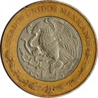 Mexico coin 10 Pesos (1997 - 2015) obverse obverse of 10 Pesos (1997 - 2015) coin with KM# 616 from Mexico. Inscription: ESTADOS UNIDOS MEXICANOS
