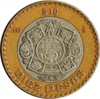 reverse of 10 Pesos (1997 - 2015) coin with KM# 616 from Mexico. Inscription: $10 1998 Mo DIEZ PESOS