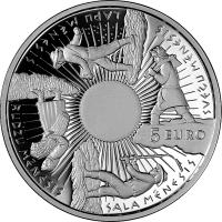 obverse of 5 Euro - Coin of the Seasons (2014) coin with KM# 163 from Latvia. Inscription: 5 EURO SVEČU MĒNESIS LAPU MĒNESIS RUDZU MĒNESIS SALA MĒNESIS