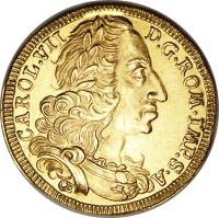 German States coin 1 Ducat - Karl VII (1742 - 1745) obverse obverse of 1 Ducat - Karl VII (1742 - 1745) coin with KM# 304 from German States. Inscription: CAROL · VII · D · G · ROM · IMP · S · A ·