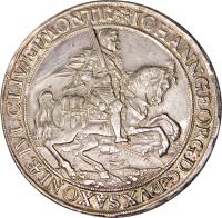 German States coin 1 1/2 Taler - Johann Georg (1628) obverse obverse of 1 1/2 Taler - Johann Georg (1628) coin with KM# 395 from German States. Inscription: IOHANN:GEORG:D:G:DVXSAXONIAE:IVL:CLIV:ETMONTI: