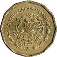 Mexico coin 20 Centavos - Larger (1992 - 2009) obverse obverse of 20 Centavos - Larger (1992 - 2009) coin with KM# 548 from Mexico. Inscription: ESTADOS UNIDOS MEXICANOS