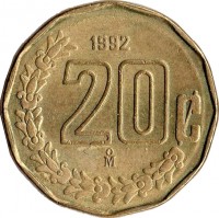 Mexico coin 20 Centavos - Larger (1992 - 2009) reverse reverse of 20 Centavos - Larger (1992 - 2009) coin with KM# 548 from Mexico. Inscription: 20¢ 2004 M