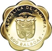 reverse of 500 Balboas - National eagle (1985) coin with KM# 103 from Panama. Inscription: REPUBLICA DE PANAMA f 500/1000 ORO FINO · · 500 BALBOAS · ·
