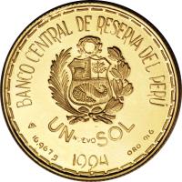 reverse of 1 Nuevo Sol - Moche Culture: Señor de Sipán (1994) coin with KM# 312 from Peru. Inscription: BANCO CENTRAL DE RESERVA DEL PÉRU UN NUEVO SOL 1994 16.976 g ORO 916