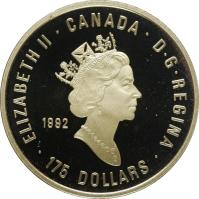 obverse of 175 Dollars - Elizabeth II - 100th Anniversary of the Olympic Games (1992) coin with KM# 217 from Canada. Inscription: ELIZABETH II · D · G · REGINA · CANADA 1992 175 DOLLARS