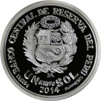 reverse of 1 Nuevo Sol - 125th Anniversary of Banco de Credito del Perú (2014) coin with KM# 382 from Peru. Inscription: BANCO CENTRAL DE RESERVA DEL PÉRU 2014 - UN NUEVO SOL PLATA .925 33.625G