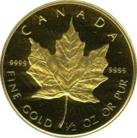 Canada coin 20 Dollars - Elizabeth II - 2'nd Portrait (1986 - 1989) reverse reverse of 20 Dollars - Elizabeth II - 2'nd Portrait (1986 - 1989) coin with KM# 153 from Canada. Inscription: CANADA 9999 9999 FINE GOLD 1/2 OZ OR PUR