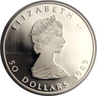 Canada coin 50 Dollars - Elizabeth II - 2'nd Portrait (1988 - 1989) obverse obverse of 50 Dollars - Elizabeth II - 2'nd Portrait (1988 - 1989) coin with KM# 167 from Canada. Inscription: ELIZABETH II 50 DOLLARS 1989
