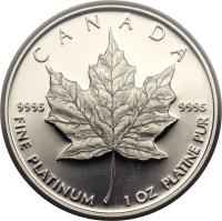 Canada coin 50 Dollars - Elizabeth II - 2'nd Portrait (1988 - 1989) reverse reverse of 50 Dollars - Elizabeth II - 2'nd Portrait (1988 - 1989) coin with KM# 167 from Canada. Inscription: CANADA 9995 9995 FINE PLATINUM 1 OZ PLATINE PUR