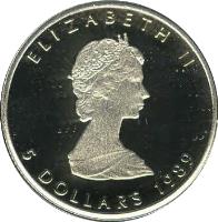 obverse of 5 Dollars - Elizabeth II - 2'nd Portrait (1988 - 1989) coin with KM# 164 from Canada. Inscription: ELIZABETH II 5 DOLLARS 1989