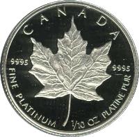 reverse of 5 Dollars - Elizabeth II - 2'nd Portrait (1988 - 1989) coin with KM# 164 from Canada. Inscription: CANADA 9995 9995 FINE PLATINUM 1/10 OZ PLATINE PUR