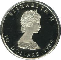 obverse of 10 Dollars - Elizabeth II - 2'nd Portrait (1988 - 1989) coin with KM# 165 from Canada. Inscription: ELIZABETH II 10 DOLLARS 1989