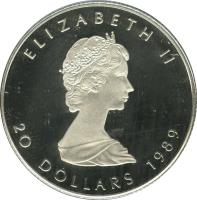 Canada coin 20 Dollars - Elizabeth II - 2'nd Portrait (1988 - 1989) obverse obverse of 20 Dollars - Elizabeth II - 2'nd Portrait (1988 - 1989) coin with KM# 166 from Canada. Inscription: ELIZABETH II 20 DOLLARS 1989
