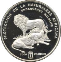 Equatorial Guinea coin 7000 Francos - Endangered wildlife: Lions (1992) reverse reverse of 7000 Francos - Endangered wildlife: Lions (1992) coin with KM# 76 from Equatorial Guinea. Inscription: PROTECCION DE LA NATURALEZA AFRICANA ENDANGERED WILDLIFE 7000 FRANCOS
