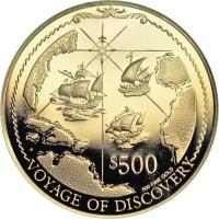 British Virgin Islands coin 500 Dollars - Elizabeth II - 500th Anniversary of the Discovery of America: Voyage of Discovery (1992) reverse reverse of 500 Dollars - Elizabeth II - 500th Anniversary of the Discovery of America: Voyage of Discovery (1992) coin with KM# 258 from British Virgin Islands. Inscription: $500 .500 FINE GOLD VOYAGE OF DISCOVERY