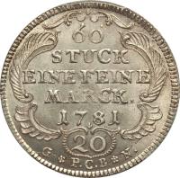 German States coin 20 Kreuzer (1781 - 1784) reverse reverse of 20 Kreuzer (1781 - 1784) coin with KM# 266 from German States. Inscription: 60 STUCK EINE FEINE MARCK. 1781 20 G * P.C.B * N.