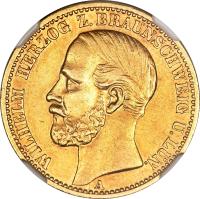 obverse of 20 Mark - Wilhelm (1875) coin with KM# 1160 from German States. Inscription: WILHELM HERZOG Z. BRAUNSCHWEIG U. LÜN. A