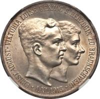 obverse of 3 Mark - Ernst August - Ernst August Wedding and Accession (1915) coin with KM# 1161 from German States. Inscription: ERNST AUGUST-VIKTORIA LUISE HERZOG U. HERZOGIN ZU BRAUNSCHWEIG · 1. XI. 1913 · A