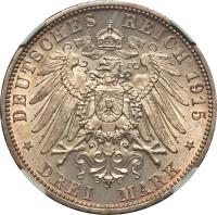 reverse of 3 Mark - Ernst August - Ernst August Wedding and Accession (1915) coin with KM# 1161 from German States. Inscription: DEUTSCHES REICH 1915 * DREI MARK *