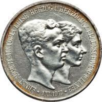 obverse of 3 Mark - Ernst August - Ernst August Wedding and Accession (1915) coin with KM# 1162 from German States. Inscription: ERNST AUGUST-VIKTORIA LUISE HERZOG U.HERZOGIN Z. BRAUNSCHWEIG U. LÜNEB. · 1. XI. 1913 · A