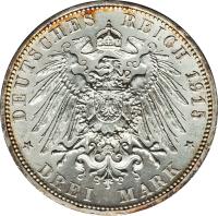 reverse of 3 Mark - Ernst August - Ernst August Wedding and Accession (1915) coin with KM# 1162 from German States. Inscription: DEUTSCHES REICH 1915 * DREI MARK *