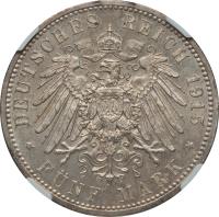 reverse of 5 Mark - Ernst August - Ernst August Wedding and Accession (1915) coin with KM# 1163 from German States. Inscription: DEUTSCHES REICH 1915 * FÜNF MARK *