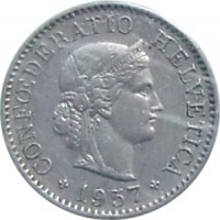obverse of 5 Rappen (1879 - 1980) coin with KM# 26 from Switzerland. Inscription: CONFŒDERATIO HELVETICA 1958