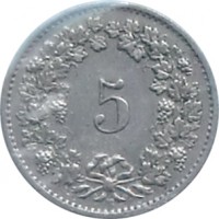Switzerland coin 5 Rappen (1879 - 1980) reverse reverse of 5 Rappen (1879 - 1980) coin with KM# 26 from Switzerland. Inscription: 5 B
