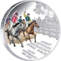 reverse of 1 Dollar - Elizabeth II - First offical Australian horse race (2010) coin from Tuvalu.