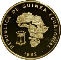Equatorial Guinea coin 15000 Francos - Endangered wildlife: Elephant (1992) obverse obverse of 15000 Francos - Endangered wildlife: Elephant (1992) coin with KM# 106 from Equatorial Guinea. Inscription: REPUBLICA DE GUINEA ECUATORIAL · 1992 ·