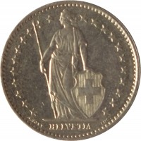 Switzerland coin 1/2 Franc (1968 - 2015) obverse obverse of 1/2 Franc (1968 - 2015) coin with KM# 23a from Switzerland. Inscription: HELVETIA