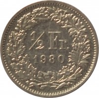 Switzerland coin 1/2 Franc (1968 - 2015) reverse reverse of 1/2 Franc (1968 - 2015) coin with KM# 23a from Switzerland. Inscription: 1/2 Fr. 1980