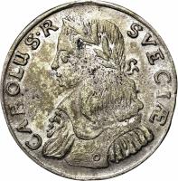 Sweden coin 2 Mark - Karl XI - Roman Number; Higher Bust (1664) obverse obverse of 2 Mark - Karl XI - Roman Number; Higher Bust (1664) coin with KM# 237a from Sweden. Inscription: CAROLUS. R SVECIÆ