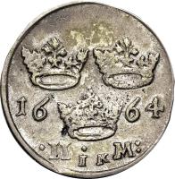 Sweden coin 2 Mark - Karl XI - Roman Number; Higher Bust (1664) reverse reverse of 2 Mark - Karl XI - Roman Number; Higher Bust (1664) coin with KM# 237a from Sweden. Inscription: 16 64 .II. M: IK