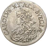 Sweden coin 2 Mark - Karl XI - Arab Number; Smaller Bust (1664 - 1672) obverse obverse of 2 Mark - Karl XI - Arab Number; Smaller Bust (1664 - 1672) coin with KM# 242 from Sweden. Inscription: CAROLVS · XI · REX · SVECIÆ