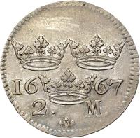 Sweden coin 2 Mark - Karl XI - Arab Number; Smaller Bust (1664 - 1672) reverse reverse of 2 Mark - Karl XI - Arab Number; Smaller Bust (1664 - 1672) coin with KM# 242 from Sweden. Inscription: 16 67 2. M.