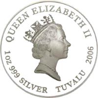 obverse of 1 Dollar - Elizabeth II - Deadly and Dangerous: Red-Back Spider (2006) coin with KM# 68 from Tuvalu. Inscription: QUEEN ELIZABETH II 1 OZ 999 SILVER TUVALU 2006