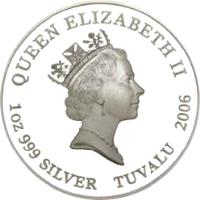 Tuvalu coin 1 Dollar - Elizabeth II - Deadly and Dangerous: Red-Back Spider (2006) obverse obverse of 1 Dollar - Elizabeth II - Deadly and Dangerous: Red-Back Spider (2006) coin with KM# 68 from Tuvalu. Inscription: QUEEN ELIZABETH II 1 OZ 999 SILVER TUVALU 2006