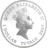 obverse of 1 Dollar - Elizabeth II - Deadly and Dangerous: Great White Shark (2007) coin with KM# 62 from Tuvalu. Inscription: QUEEN ELIZABETH II 1 DOLLAR TUVALU 2007