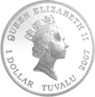 Tuvalu coin 1 Dollar - Elizabeth II - Deadly and Dangerous: Great White Shark (2007) obverse obverse of 1 Dollar - Elizabeth II - Deadly and Dangerous: Great White Shark (2007) coin with KM# 62 from Tuvalu. Inscription: QUEEN ELIZABETH II 1 DOLLAR TUVALU 2007