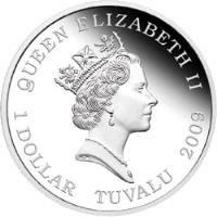obverse of 1 Dollar - Elizabeth II - Deadly and Dangerous: Saltwater Crocodile (2009) coin with KM# 87 from Tuvalu. Inscription: QUEEN ELIZABETH II 1 DOLLAR TUVALU 2009